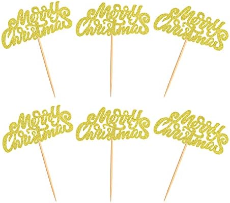 Ercadio 24 Pack Merry Christmas Cupcake Toppers Glitter Xmas Holiday Cupcake Picks Christmas Theme New Year Party Cake Decorations Supplies Gold