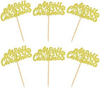 Ercadio 24 Pack Merry Christmas Cupcake Toppers Glitter Xmas Holiday Cupcake Picks Christmas Theme New Year Party Cake Decorations Supplies Gold