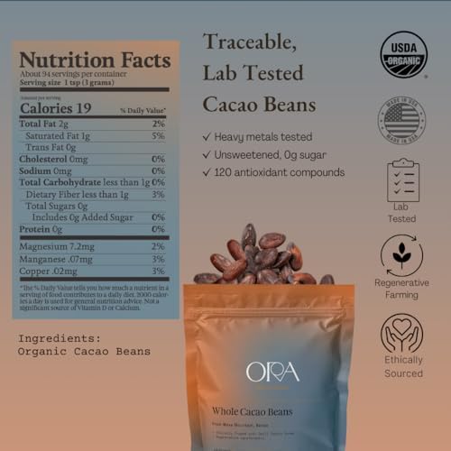 ORA Whole Cacao Beans, 10oz - Organic, Ethical, Regenerative, Heavy Metals Tested, Unsweetened