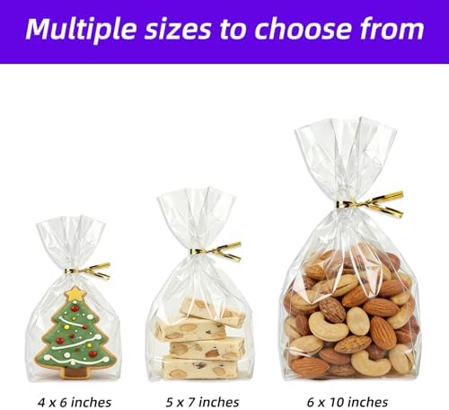 kovauro Cellophane Treat Bags 4x6 Inches 100 Pcs, Heavy Duty Crystal Clear Cookie Bags with Gold Twist Ties, Premium OPP Plastic Goodie Bags for Candy Bakery Cake Pops Party Favors