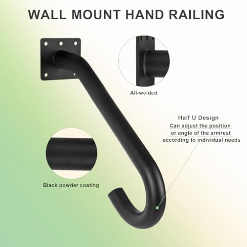 2PCS Handrail for 1-3 Steps,Wall Mount Handrail for Outdoor Steps,Black Elderly Safety Grab Bar Garage Steps Front Entry Stairs Interior or Exterior Stairway