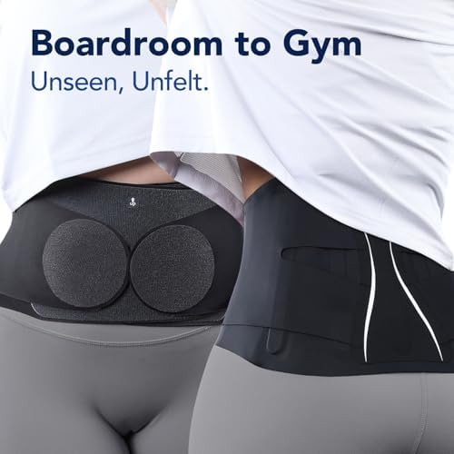 Ultra Thin Back Brace for Women Men, Seamless Yoga Fabric for All Day Comfort, Slim-Fit, Wear under Clothes, Removable Lumbar Pad for Lower Back Pain, Sciatica, Posture, Lifting, Black, Size M