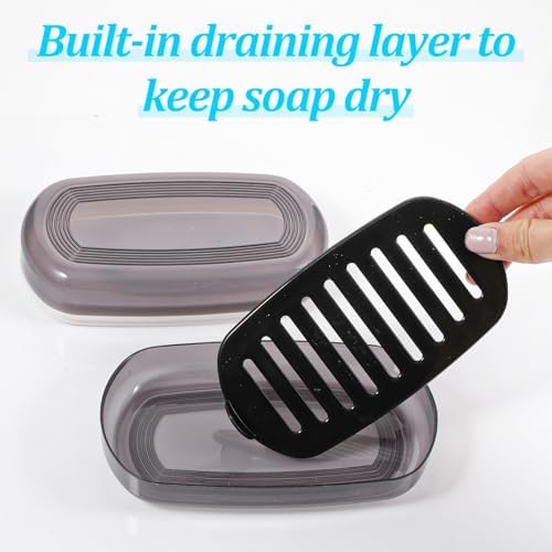 Shampoo Bar Holder Leak-Proof Travel Soap Case Black Soap Dish with Draining Layer, Multi-Use Large Soaps Box for Shampoo Bars Travel, Camping, Gym, Bathroom