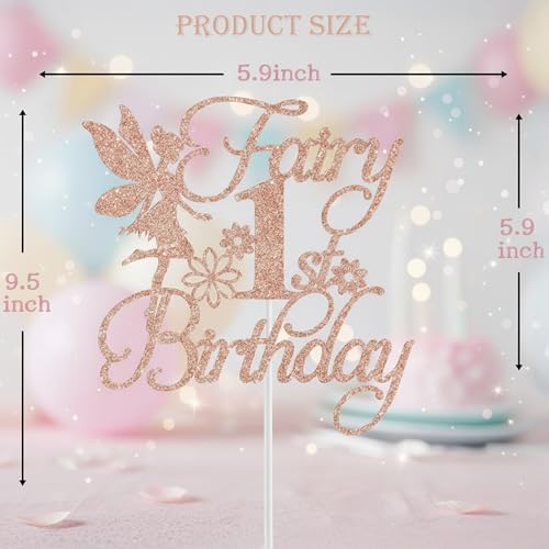 Rose Gold Floral Fairy 1st Birthday Cake Topper – Enchanted Fairy First Birthday & Baby Shower Party Decoration
