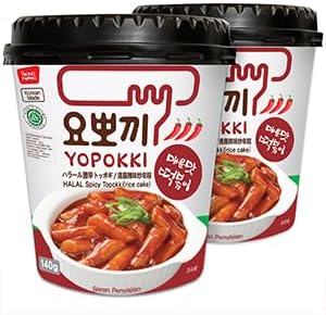 Yopokki Instant Halal Tteokbokki Cup (Hot Spicy, 2 Cups) Korean Street food with Hot Spicy sauce Topokki Rice Cake - Quick & Easy to Prepare