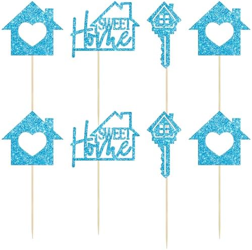 Gyufise 24 Pack Sweet Home Cupcake Toppers House Warming Decorations Welcome New Home Cupcake Picks for Housewarming Party Cake Decorations Light Blue