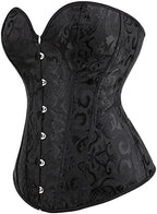 Eohak Women's Sexy Satin Corset-Bustier Floral Print Boned Overbust Corset Top Black Satin Waist Cincher