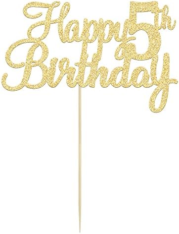 Gyufise 1Pc Happy 5th Birthday Cake Topper Glitter 5th Birthday Cake Pick Cheers to 5 Years Old Five Fabulous Cake Decorations for 5th Birthday Theme Party Supplies Gold