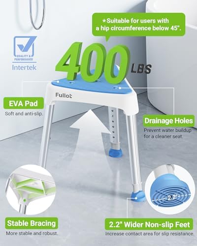Space-Saving Triangular Shower Chair for Elderly and Disabled, 400 lbs Adjustable Shower Stool Seat with Stable-Bracing, Non-Slip Bathtub Chair, Tool-Free Assembly, Blue With Eva Pad