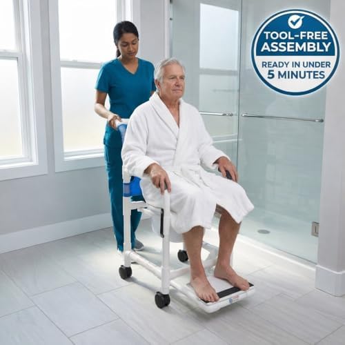 Rolling Shower Chair with Wheels & Drop Arms, Mesh Seat, 4 Locking Casters, Seat Belt, Sliding Footrest, Commode Pail – Fits Over Toilet, 300 lb Capacity – Institutional Grade | RL-1