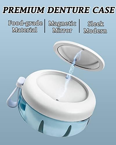 Denture Case, Definitely No-Leak Denture Bath Box for Traveling Perfectly, Denture Cup with Strainer & Magnetic Mirror, Completely Clean Care for Retainer, Mouth Guard, & Denture