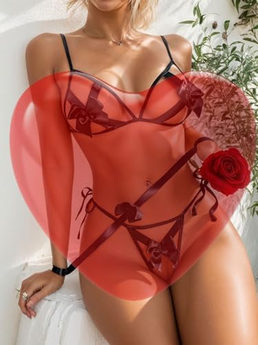 Sexy Lingerie Set for Women 3 Piece, Bra and Panty Bow Lingerie Sets, Black, Onesize 2-8