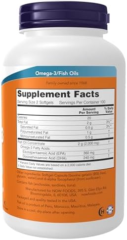 NOW Foods Supplements, Omega-3 180 EPA / 120 DHA, Molecularly Distilled, Cardiovascular Support*, 200 Softgels