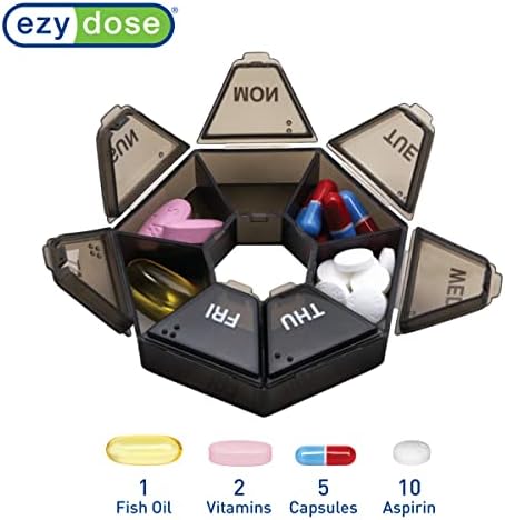 EZY DOSE 7-Day Weekly Pill Organizer, Daily Medicine Container and Vitamin Planner, Round Supplement Case, Compact, Travel Friendly, Portable Storage Sorter, 7-Sided Circle, Black, BPA Free