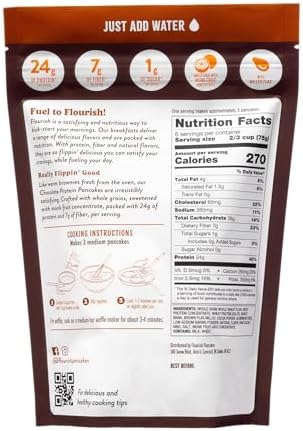 Flourish Protein Pancake & Waffle Mix, with Whey Protein & Flax Seed, No Added Sugar, High in Protein & Fiber - Just Add Water - Chocolate Flavour, 16oz (2 Pack)