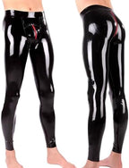 Men's Latex Leggings with Red Zipper Around The Crotch,Low Waist Latex Rubber Pants Handmade