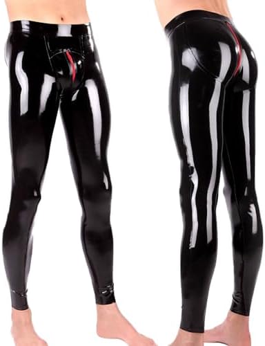 Men's Latex Leggings with Red Zipper Around The Crotch,Low Waist Latex Rubber Pants Handmade