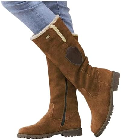 Knee High Snow Boots for Women Winter Outdoor Cotton Soft Non-Slip Riding Booties Round Toe Side Zipper Low Heel Womens Mid Calf Boots