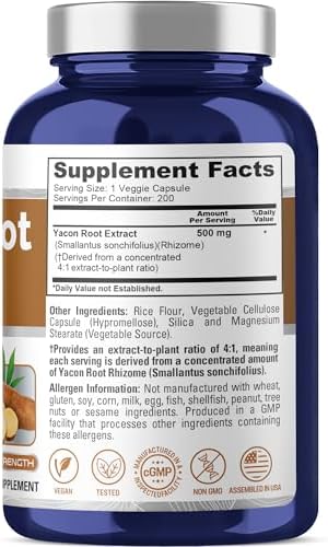NusaPure Yacon Root Capsules, 500 mg, 200 Veg Capsules (Non-GMO, Vegan)