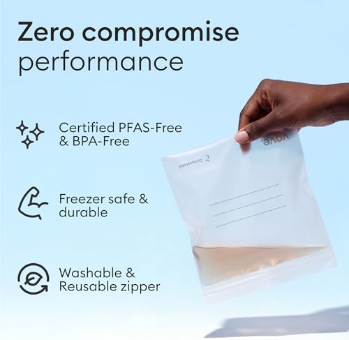 Vove Compostable Snack Bags 50 Ct – PFAS-Free, BPI Certified, Freezer Safe with Airtight Seal for Snacks & School Lunches, Plant-Based