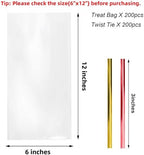 Morepack Cello Cellophane Treat Bags,6x12 Inches Plastic Cello Bags 200 Pcs with Twist Ties for Packaging Dessert,Bakery, Candies,Cookies,Chocolate,Party Favors