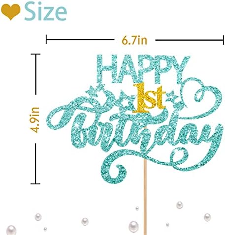 Sky Blue Glitter Happy 1st Birthday Cake Topper, One Year Old Birthday Party Cake Decor, Gold Number 1 Birthday Party Supplies Decorations for Baby Girl or Baby Boy