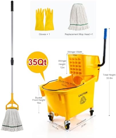 Chasesun 35 Quart Commercial Mop Bucket with Side Press Wringer on Wheels, Industrial Mop and Bucket Set with Loop-End Mop Head, Gloves and Microfiber Cloth, Heavy Duty Yellow Janitorial Cleaning Cart