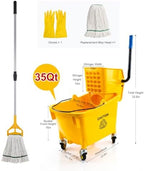 Chasesun 35 Quart Commercial Mop Bucket with Side Press Wringer on Wheels, Industrial Mop and Bucket Set with Loop-End Mop Head, Gloves and Microfiber Cloth, Heavy Duty Yellow Janitorial Cleaning Cart