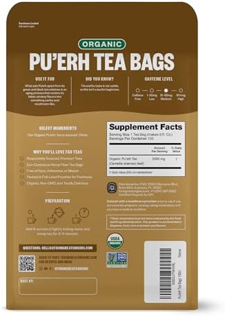 FGO Organic Pu'erh Tea, 100 Count, Eco-Conscious Black Tea Bags, Resealable Bag, Packaging May Vary (Pack of 1)