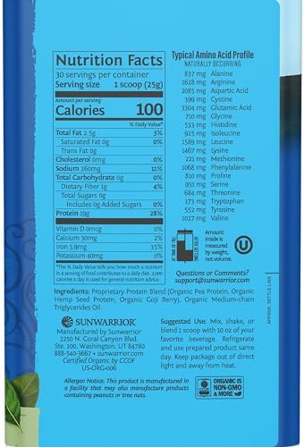 Vegan Organic Protein Powder Plant-based | BCAA Amino Acids Hemp Seed Soy Free Dairy Free Gluten Free Synthetic Free NON-GMO | Unflavored 30 Servings | Warrior Blend by Sunwarrior
