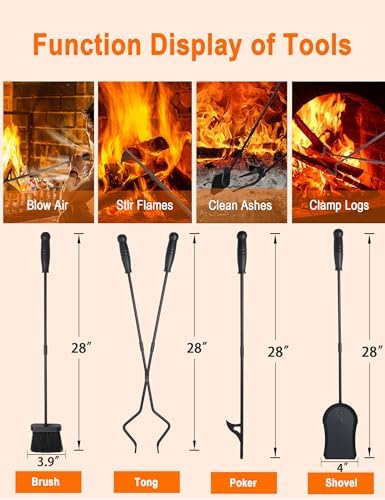 Tomersun Fireplace Tools 5 Pcs 31.5In Fireplace Tool Set Indoor Fireside Accessories Large Fire Place Tools Set Outdoor Fireplace Kit with Poker Shovel Tongs Brush, Stand