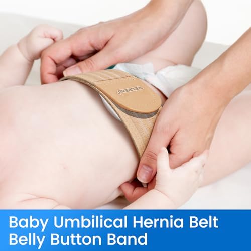 Velpeau Umbilical Hernia Belt Baby Newborn -with 3 Different Shaped Compression Pads, Belly Button Navel Band Wrap Truss Abdominal Binder Support for Infant, Children, Toddler, Kids (Khaki-Reg)