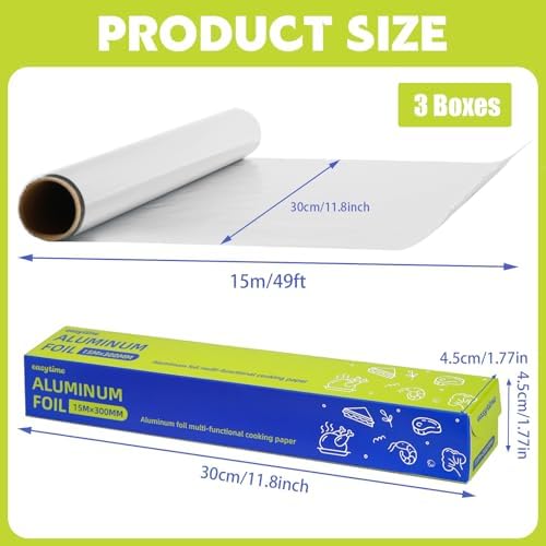 12in x 148ft Aluminum Foil Roll, Food Grade Aluminum Foil Non-Stick High Temperature Resistant Tin Foil Wrap with Cutter for Cooking, Grilling, Baking, Food Storage (3 Pack 12in x 49.2ft)