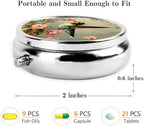 Pill Box, Small Pill Organizer with 3 Compartments and Mirror, Cute Round Portable Travel Metal Pill Case for Pocket or Purse, Privacy-Protecting Medicine Box-Hummingbird Flowers