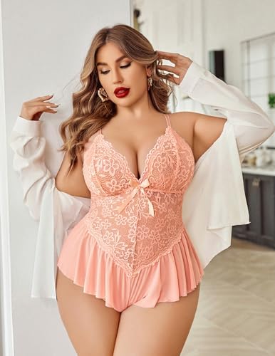 Avidlove Plus Size Lingerie for Women Lace Bodysuit One Piece Teddy Babydoll Mesh Chemise V Neck Sleepwear L-5XL
