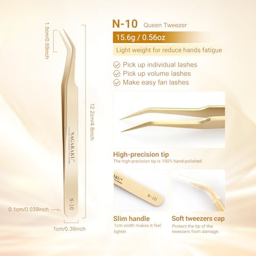 NAGARAKU Professional Eyelash Extension Tweezers, Precision Tip Stainless Steel Gold Lash Tool Curved Angled for Individual & Volume for Salon & Personal Use, Easy Fanning Volume Pinzas (N-10)