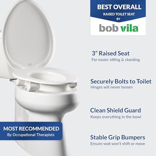 Bemis Assurance 3" Raised Toilet Seat for Seniors, Made in USA, Secure Hinges, Clean Shield Guard, Elongated, White