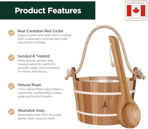 Northwood Sauna - Sauna Bucket and Ladle Set - Handmade from Canadian Red Cedar Wood - Natural Rope Handle - 1.6 Gallons (6 Liters) Water Capacity