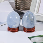 Sportmusies Natural Blue Celestite Stone Egg with Wood Stand, Polished Reiki Stone Egg Figurine Decoration for Home Desk Meditation, 2-2.36 inches