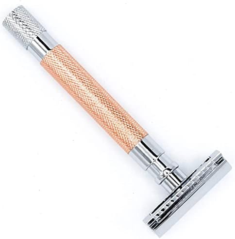 Parker 56R Heavyweight Double Edge Safety Razor with 5 Parker Premium Platinum Stainless Steel Razor Blades – Classic 3 Piece Design (Rose Gold))