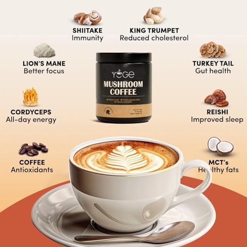 YEGE Mushroom Coffee Organic, 6 Mushroom Blend Cordyceps, Reish, King Trumpet, Shitake, Turkey Tail, Lions Mane for better Focus, Energy, Digestion and Immunity（30 Servings）