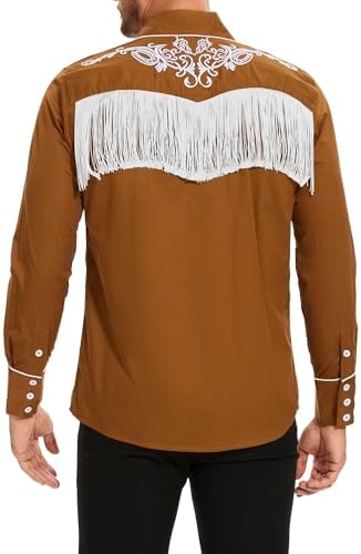 CORSKI Men's Cowboy Costume Western Long Sleeve Casual Fringe Hippie Slim Fit Button Down Shirt