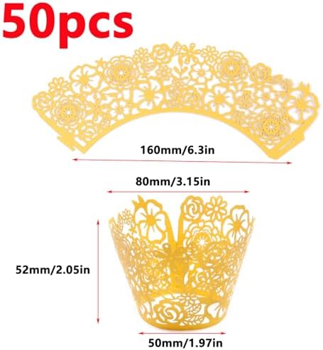 Antrader Lace Cupcake Liners,50Pcs Cupcake Wrappers Laser Cut Cupcake Papers Cupcake Muffin Cups for Christmas Wedding Birthday Party Decoration, Gold