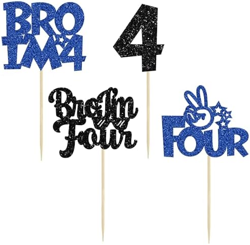 Ephlyn 24Pcs Bro I'm 4 Cupcake Toppers Glitter Boy 4th Birthday Cupcake Pick Decorations for Cheers to Four Years Old Big Brother 4th Birthday Party Supplies