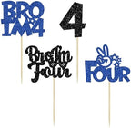 Ephlyn 24Pcs Bro I'm 4 Cupcake Toppers Glitter Boy 4th Birthday Cupcake Pick Decorations for Cheers to Four Years Old Big Brother 4th Birthday Party Supplies
