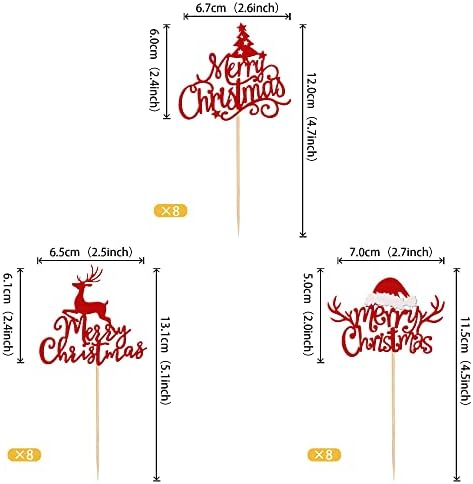 Rsstarxi 24 Pack Merry Christmas Cupcake Toppers Glitter Xmas Tree Santa Hat Deer Cupcake Picks Decoration for Winter Christmas Theme Xmas Holiday Birthday Party Supplies Red