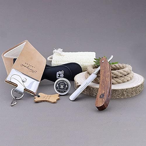 Vintage Style Men's Shaving Set with Synthetic Hair Shaving Brush,Cut Throat Razor/Barber Style Razor, Double XL Pure Leather Strop & Sharping Paste,Stainless Steel Bowl +Free Aluminum Stick