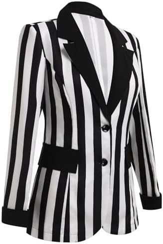 Black and White Striped Blazer for Women Long Sleeve Open Front Work Office Jacket Halloween Lapel Pockets Button Blazer Suit
