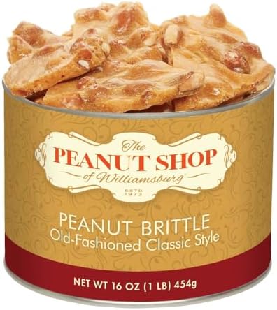The Peanut Shop of Williamsburg Old Fashioned Peanut Brittle Candy, Hand Pulled Copper Kettle Cooked, Gluten Free Ingredients, Kosher Certified - 16 Oz Tin