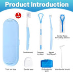 7-in-1 Travel Oral Care Kit with Case – Toothbrush, Tongue Scraper, Wisdom Toothbrush, Dental Floss, Floss Threaders, Interdental Brush, Dental Wax, Portable Hygiene Set for Daily Use Travel (Blue)